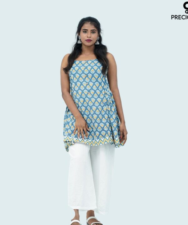 Cotton kantha printed maternity short top with side pleats and noodle strap